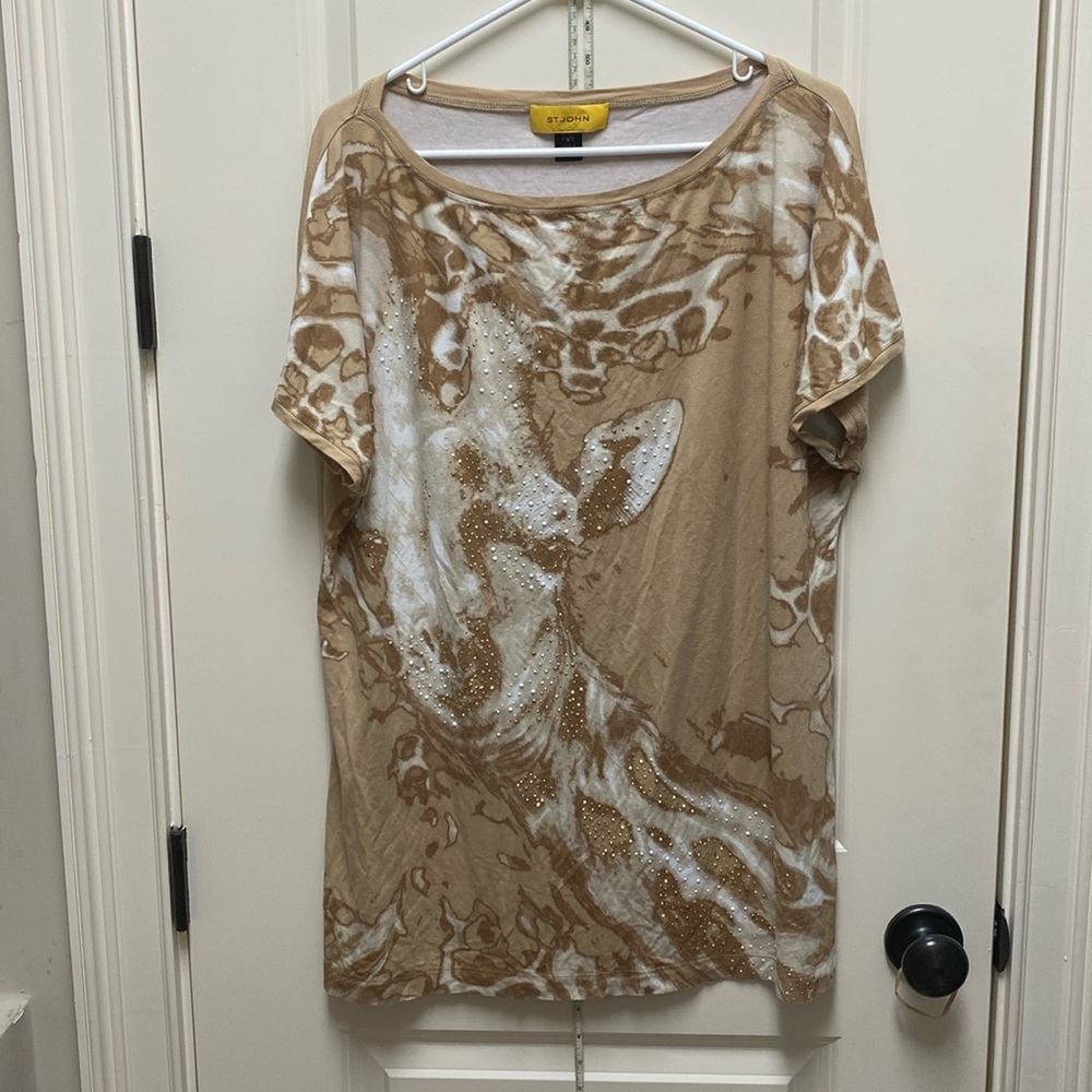 St. John top featuring a giraffe pattern and embellishments. Size L